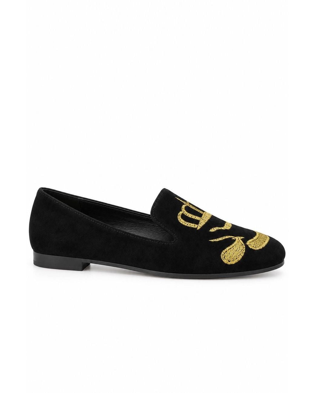 Spot on Black Embroidered Crown Slip On Flat Loafers