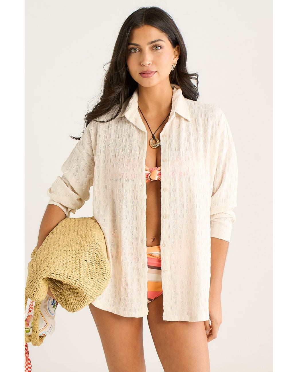 Gini London Natural Textured Oversized Long Sleeves Shirt