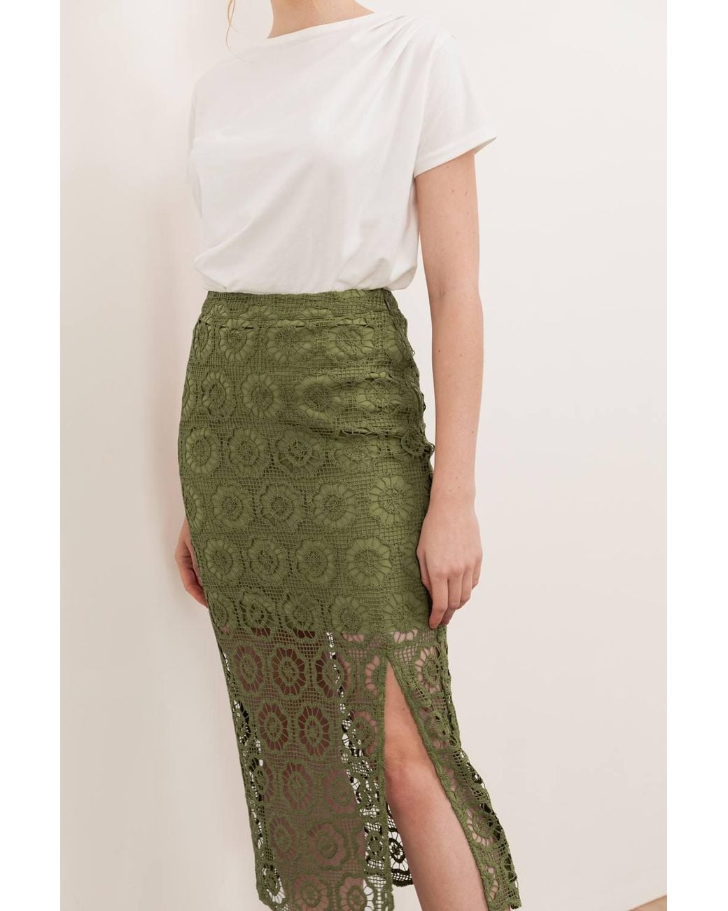 Lovedrobe Green Crochet Lace Midi Skirt
