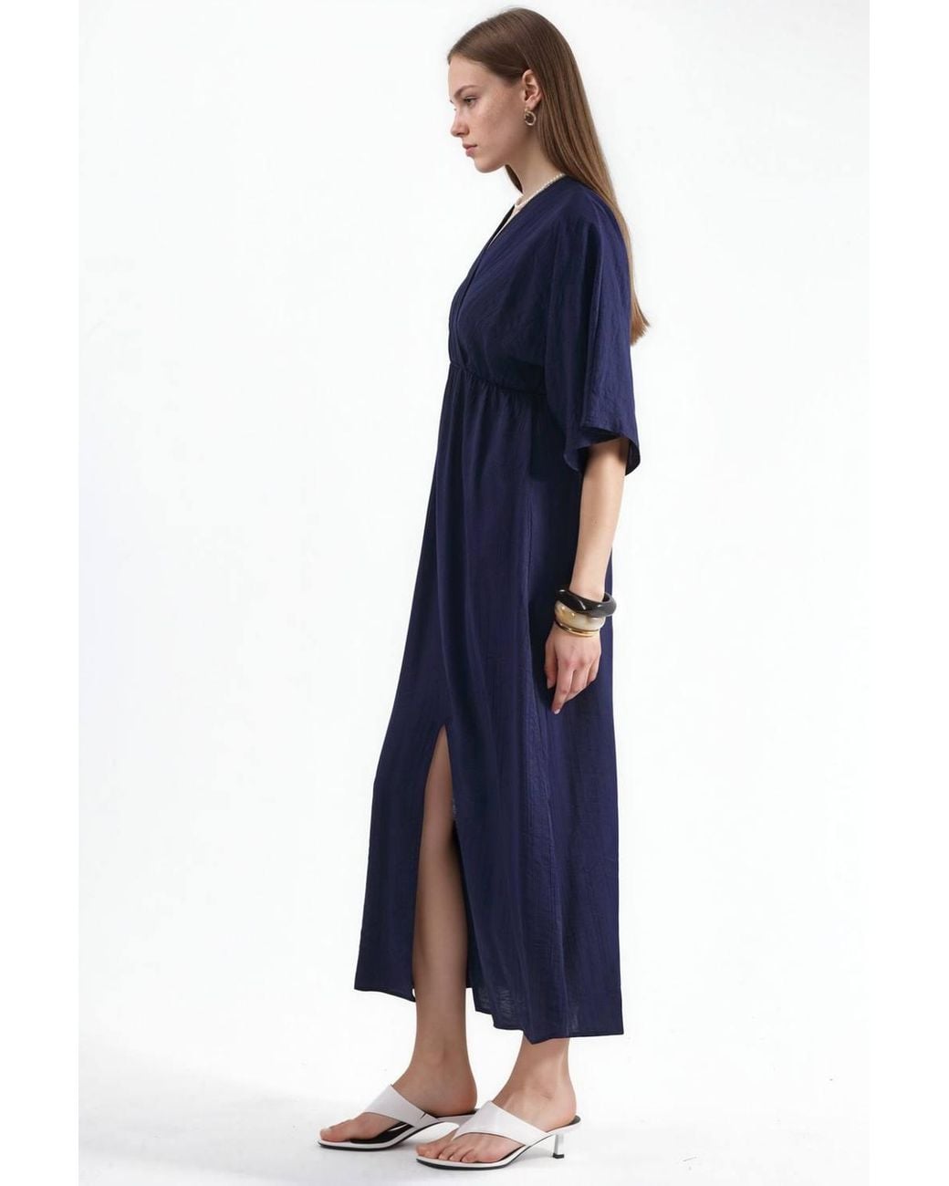Busem Blue V-Neck Midi Wrap Dress With Three Quarter Sleeves