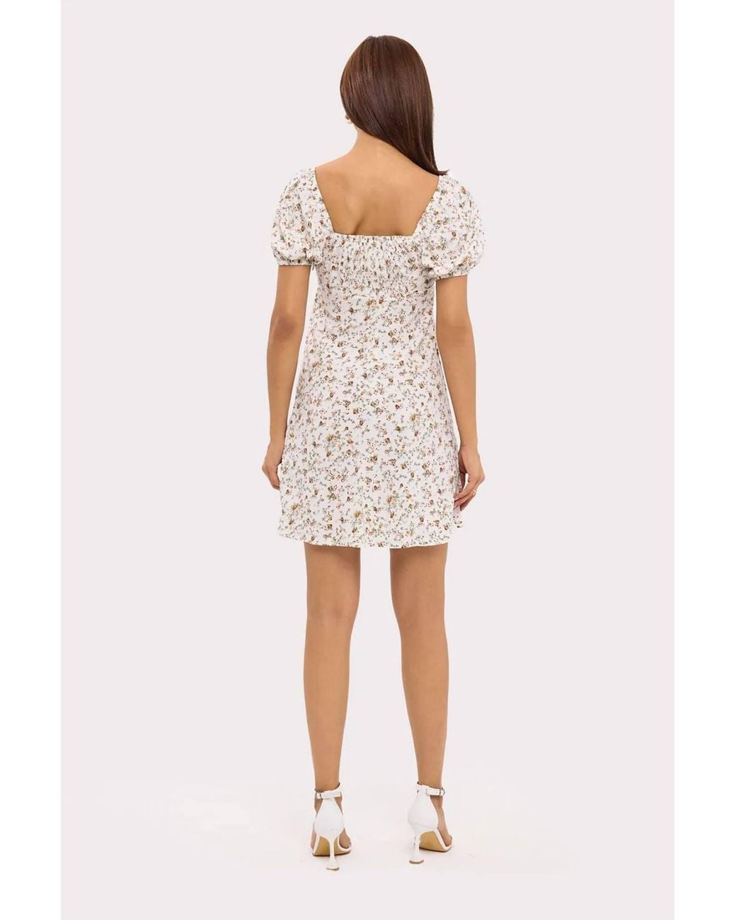 Hiccup White Floral Sweetheart Neck Mini Dress With A Balloon Sleeves