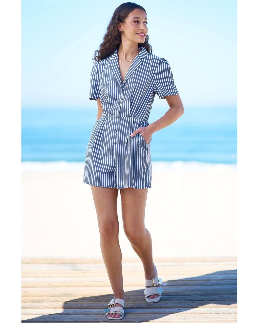 Yumi' Blue Stripe Retro Playsuit