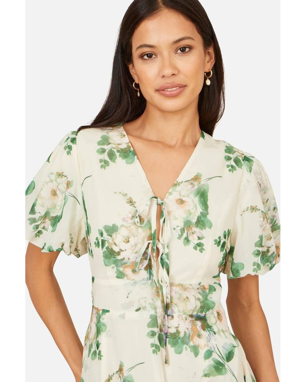 Yumi' White Ivory Floral Tea Dress With Front Ties