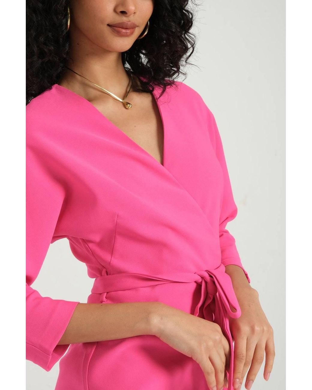 Hiccup Pink V Neck Long Sleeve Mini Wrap Dress With A Belt Detail