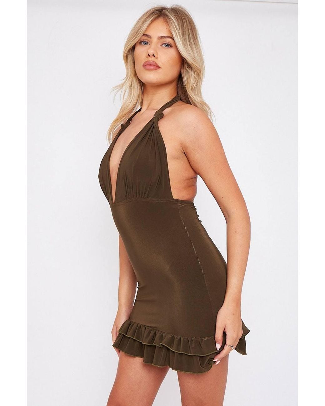 Stylewise Brown Twisted Halter Frill Hem Mini Dress