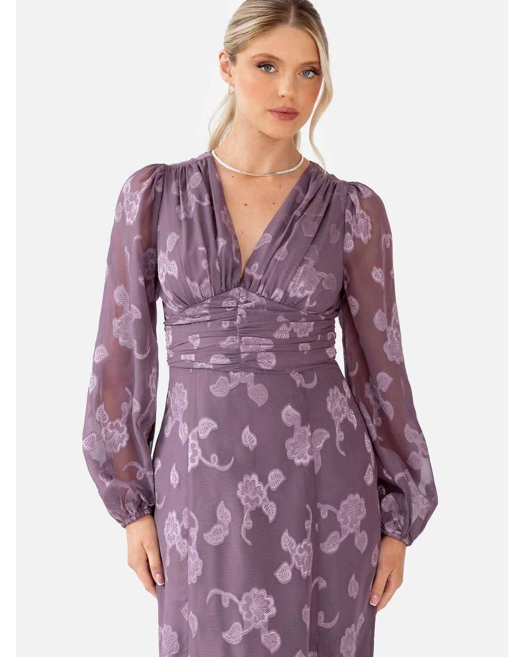 Maya Deluxe Purple Floral Jacquard Long Sleeve Maxi Dress