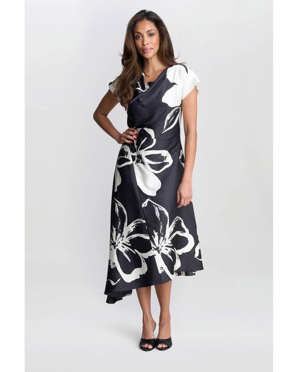 Gina Bacconi Blue Maude Floral Print Asymmetrical Midi Dress