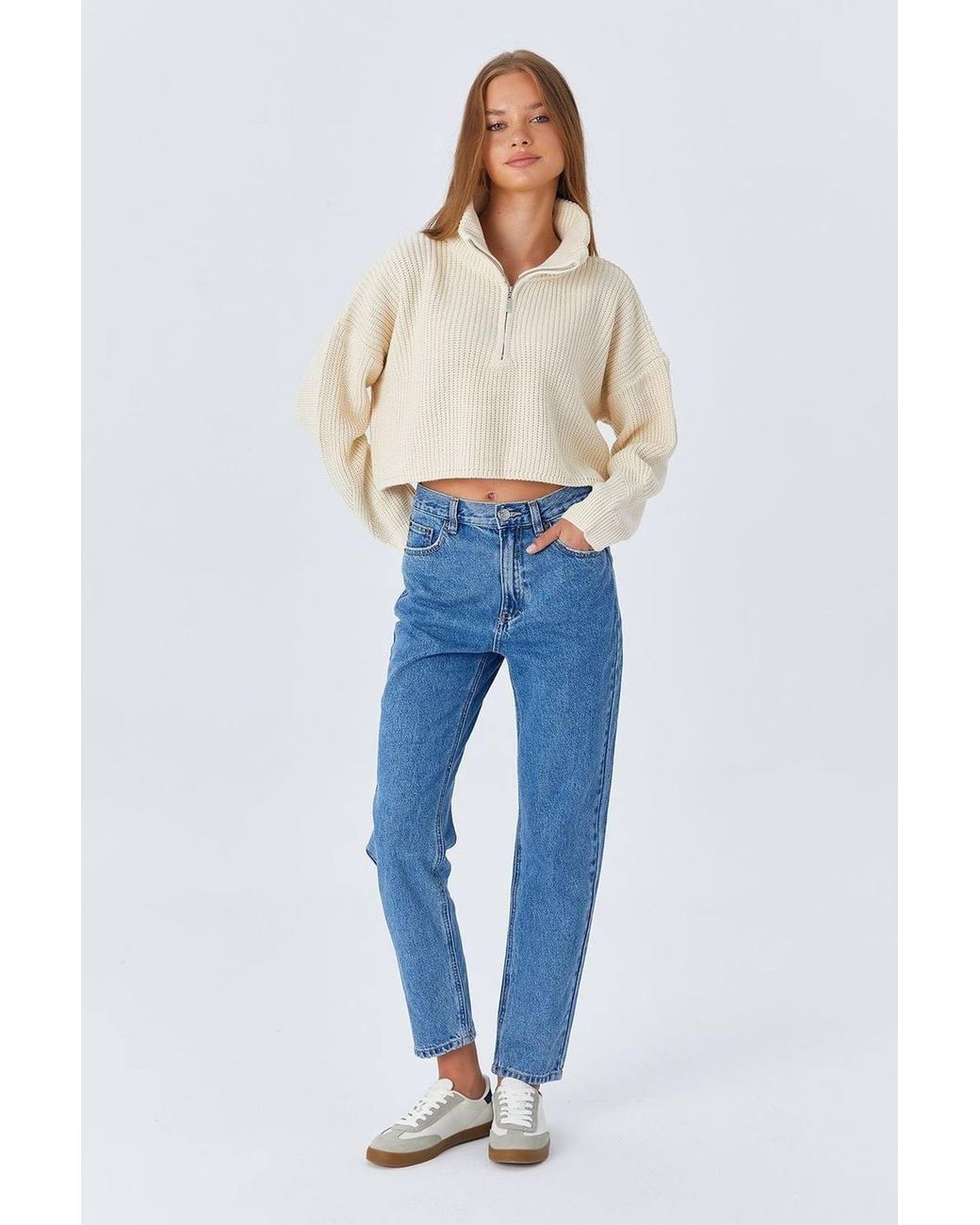 MixRay White Textured Long Sleeve Zipped Collar Sweater