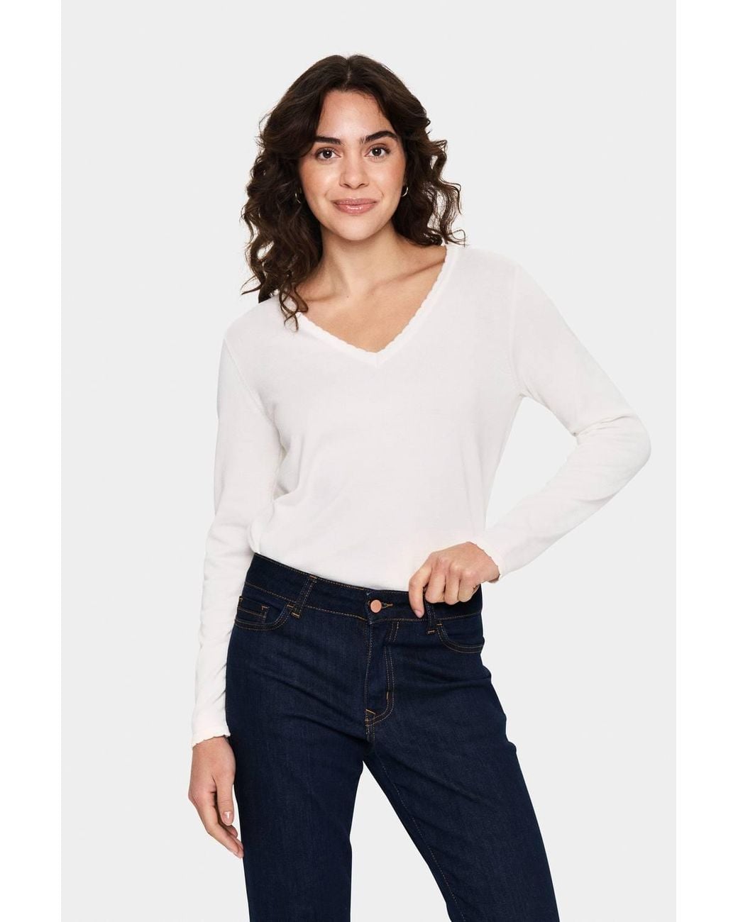 Saint Tropez White Milasz Long Sleeve V-Neck Jumper