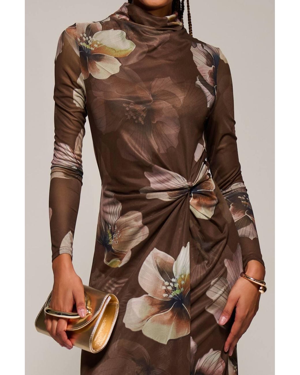 Jolie Moi Natural High Neck Long Sleeve Mesh Maxi Dress