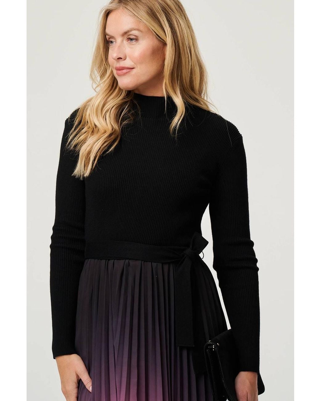 Izabel London Pink Ombre Tie Waist Pleated Knit Midi Dress