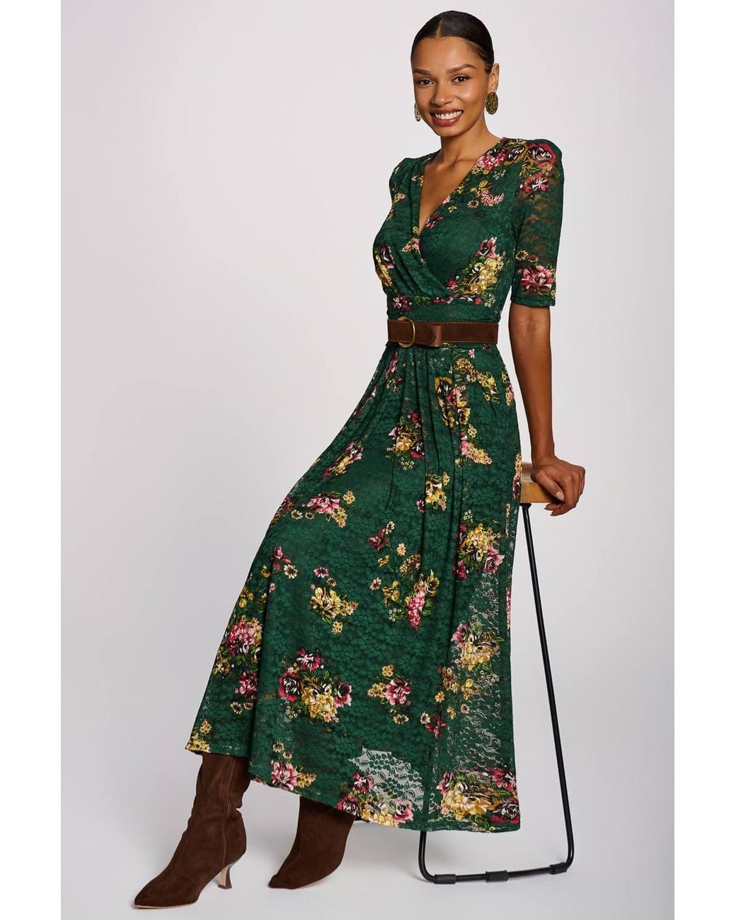 Jolie Moi Green Half Sleeve Print Lace Maxi Dress