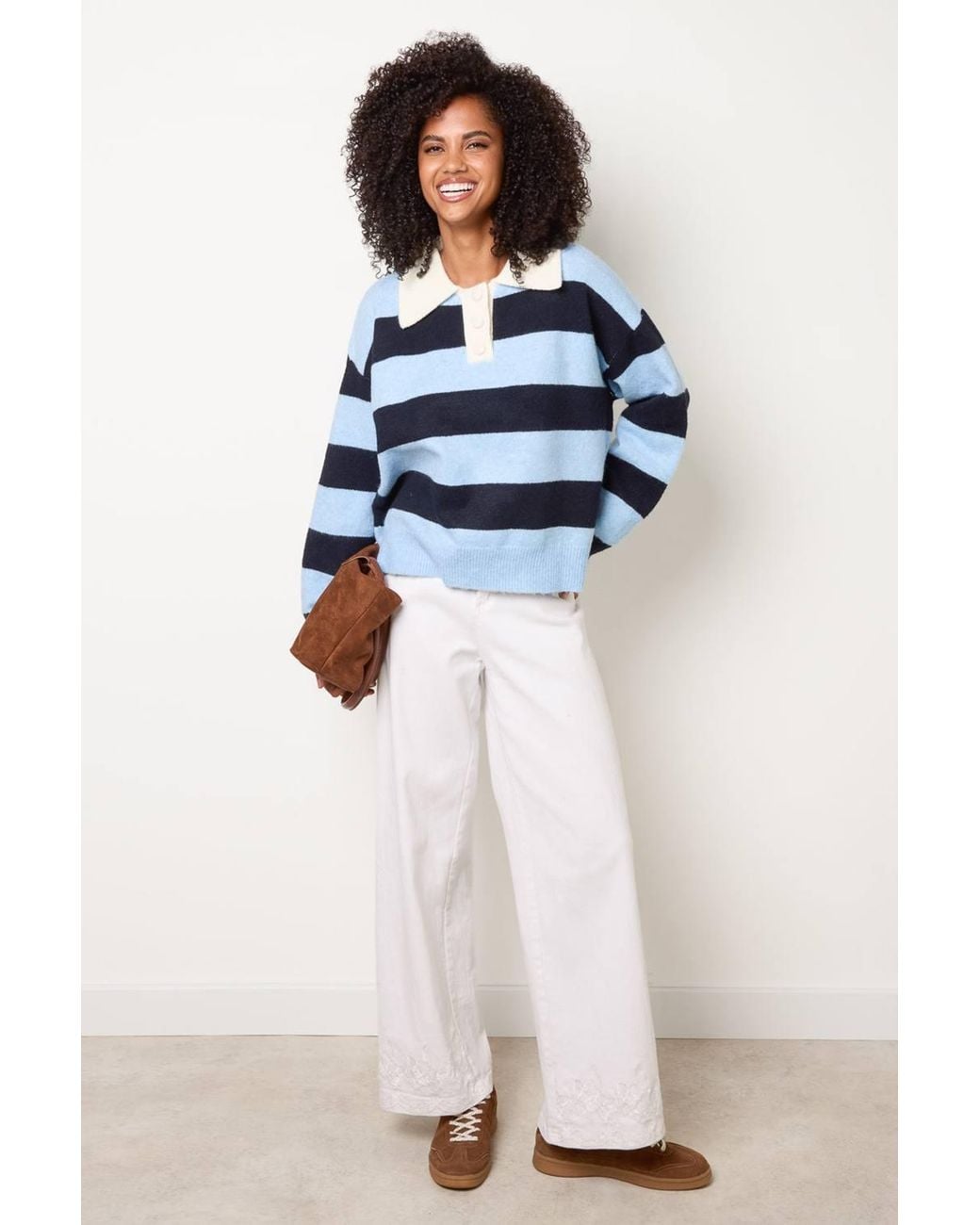 Blue Vanilla White Long Sleeve Button Up Collar Jumper