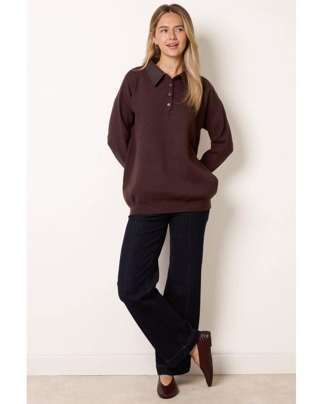 Blue Vanilla Brown Long Sleeve Button Up Collar Jumper