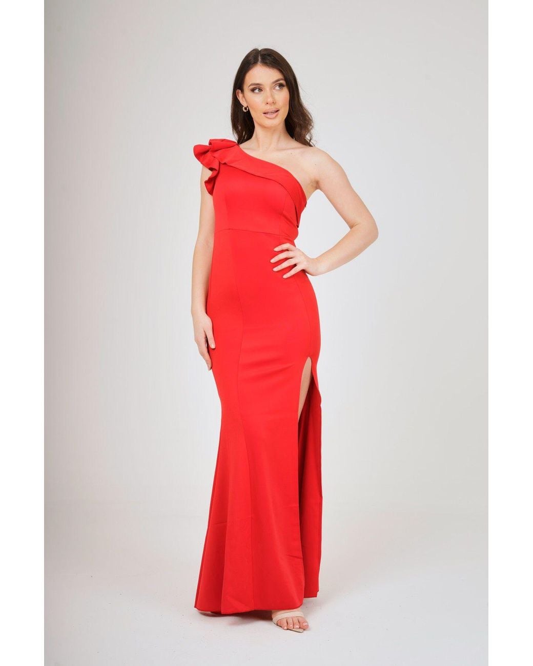 LuvForever Fashion Red Frilled One Shoulder Maxi Dress