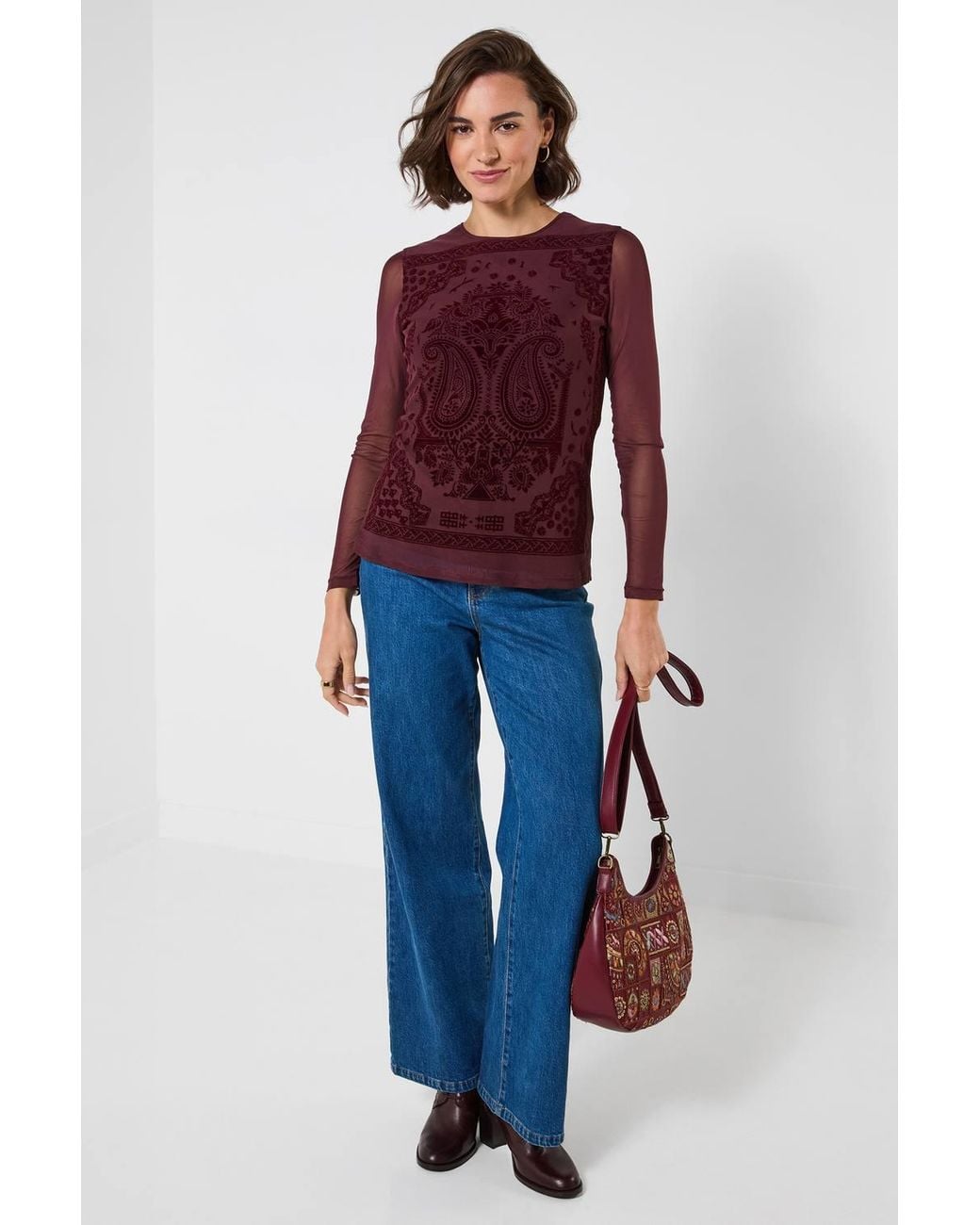 Joe Browns Red Long Sleeve Mesh Top With Flocked Print