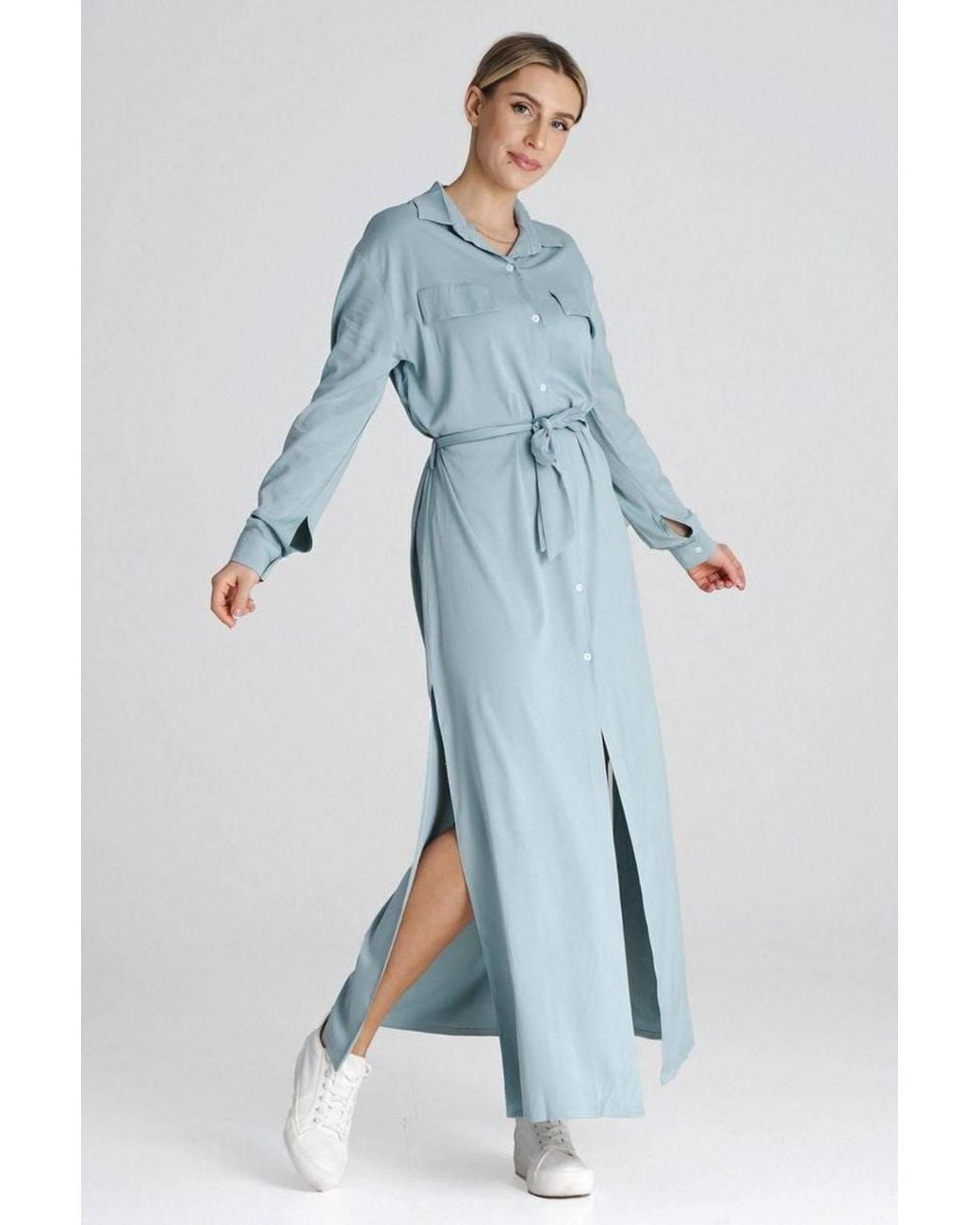 Love Lace Blue Collared Long Sleeve Buttoned Shirt Dress