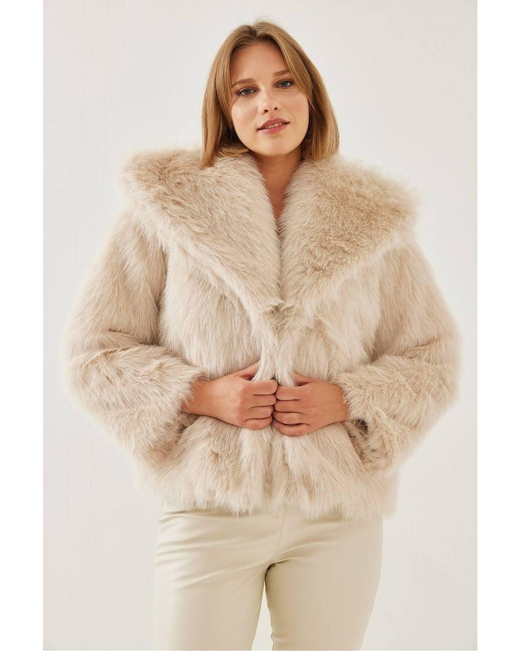 Bianco Lucci Natural Textured Puffer Coat With Faux Fur