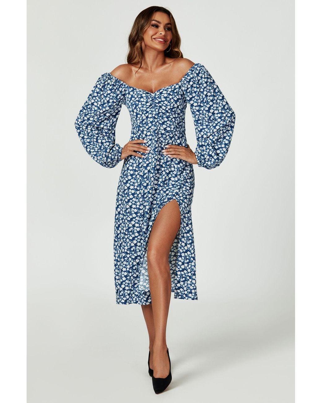 FS Collection Blue Floral Print Long Sleeve Heart Neckline Midi Dress