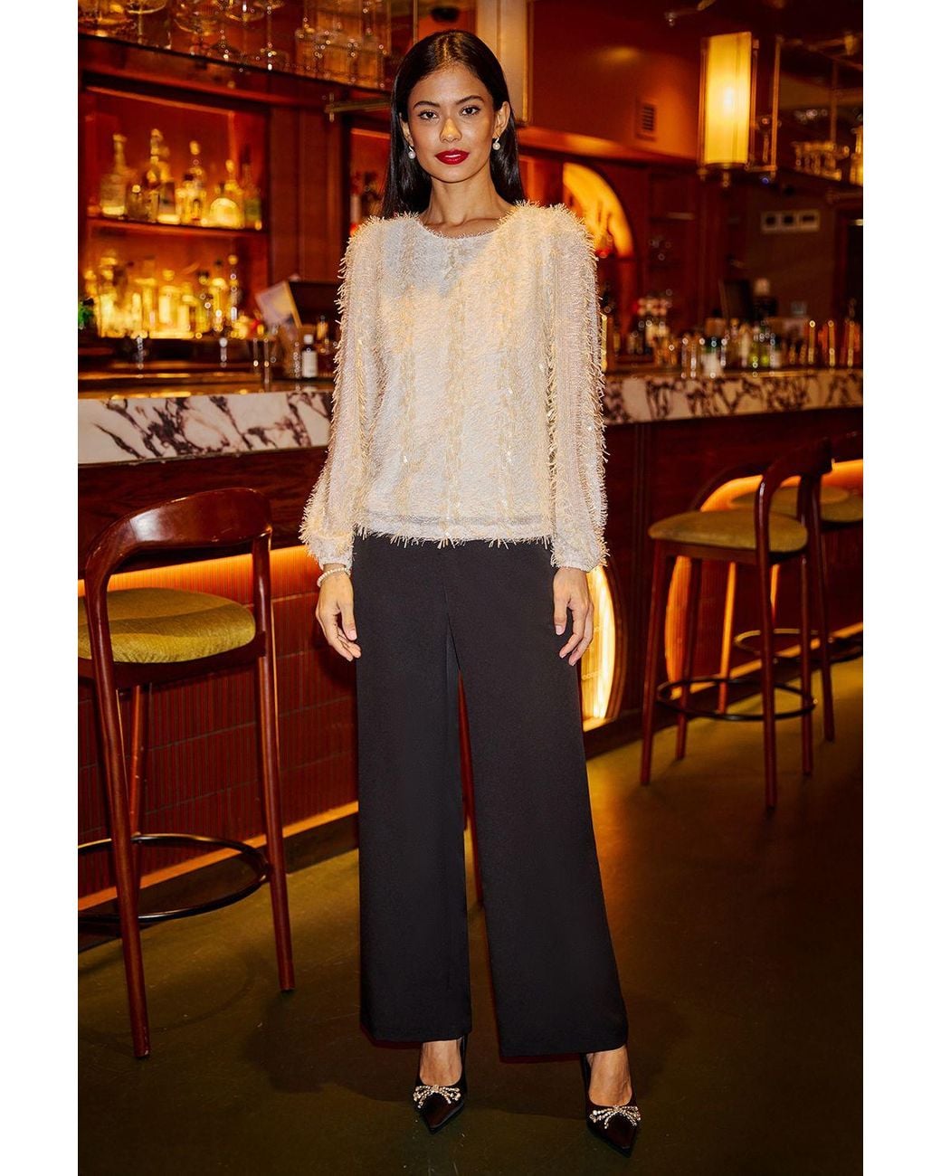 Yumi' Red Hanging Sequin Long Sleeve Top