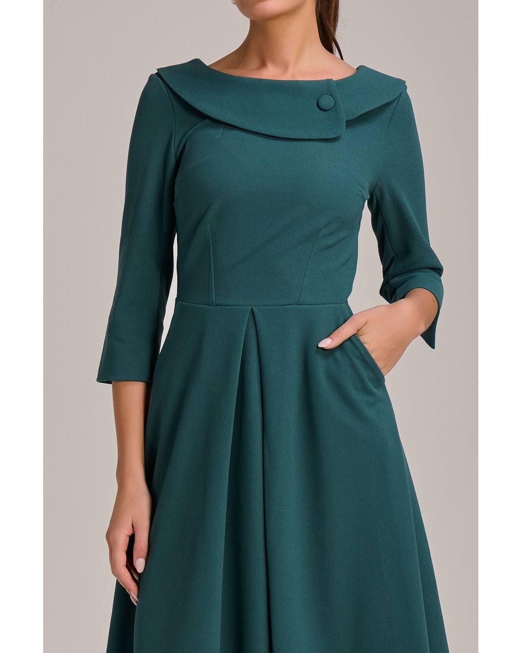Jolie Moi Green Fold Collar Button Detail Dress