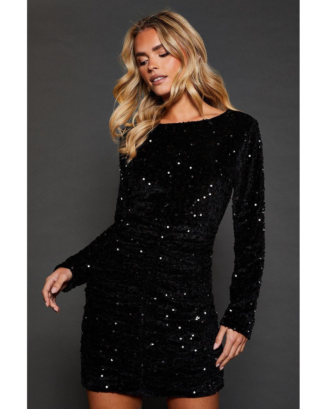 Dorothy Perkins Black Petite Ruched Velvet Sequin Mini Dress
