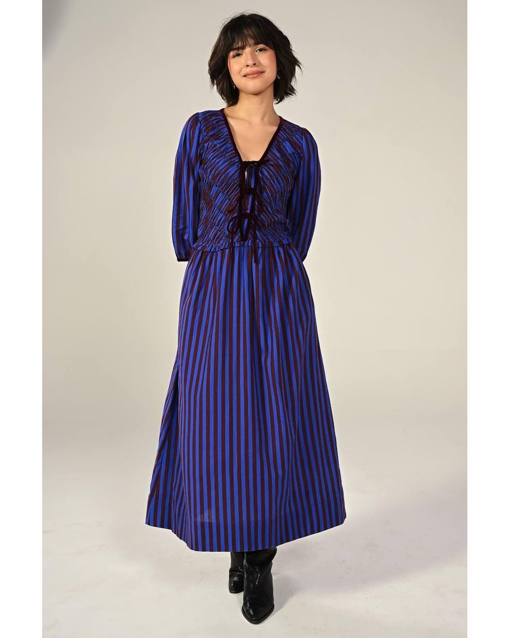 Rose & Nancy Blue Isla Hand Smocked & Burgundy Stripe Midi Dress