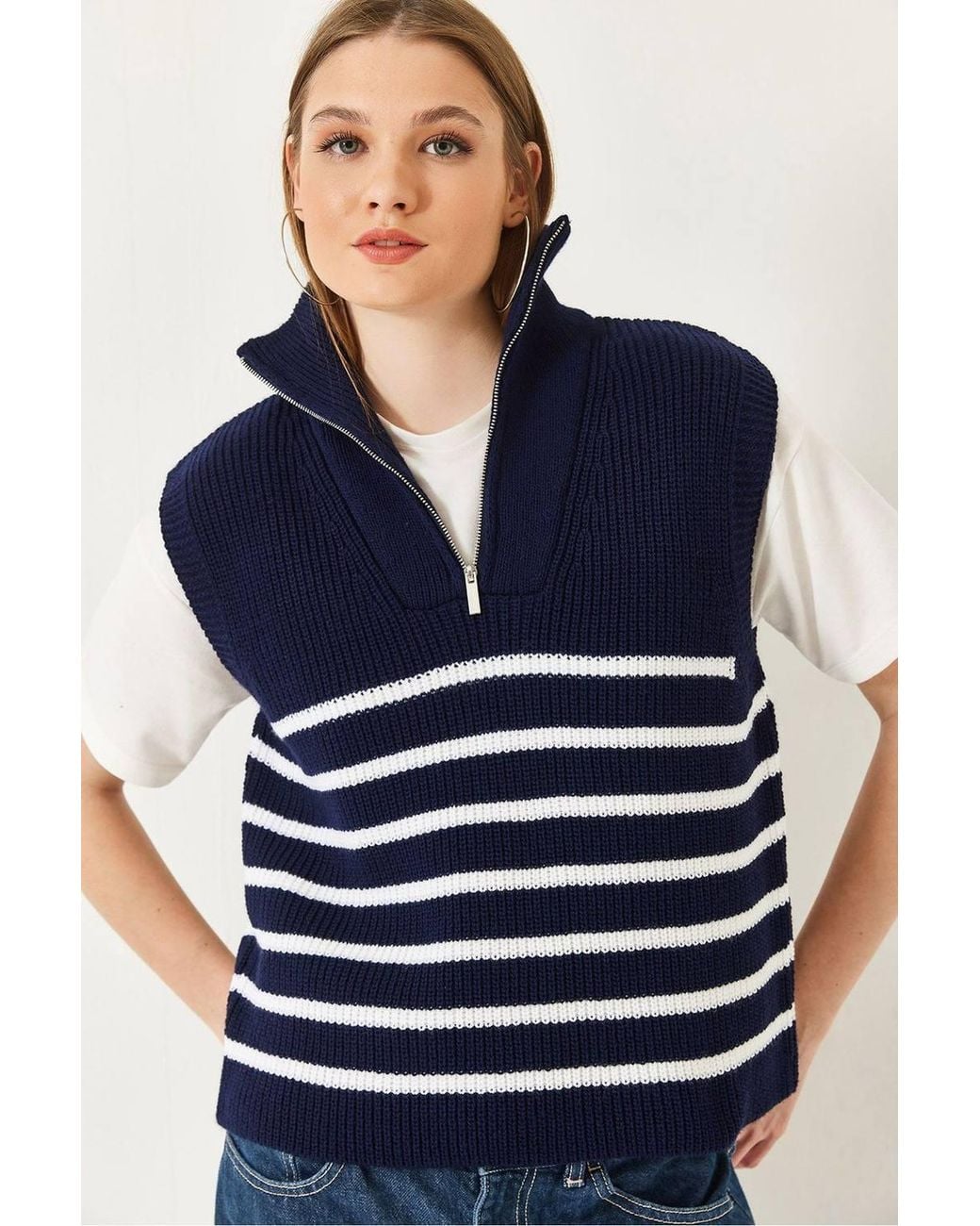Bianco Lucci Blue Striped Knitwear Sweater Vest With Zipper Collar
