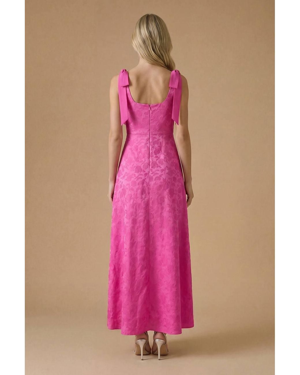 Oasis Pink Petite Square Neck Chiffon Tie Shoulder Satin Jacquard Bridesmaid Maxi Dress
