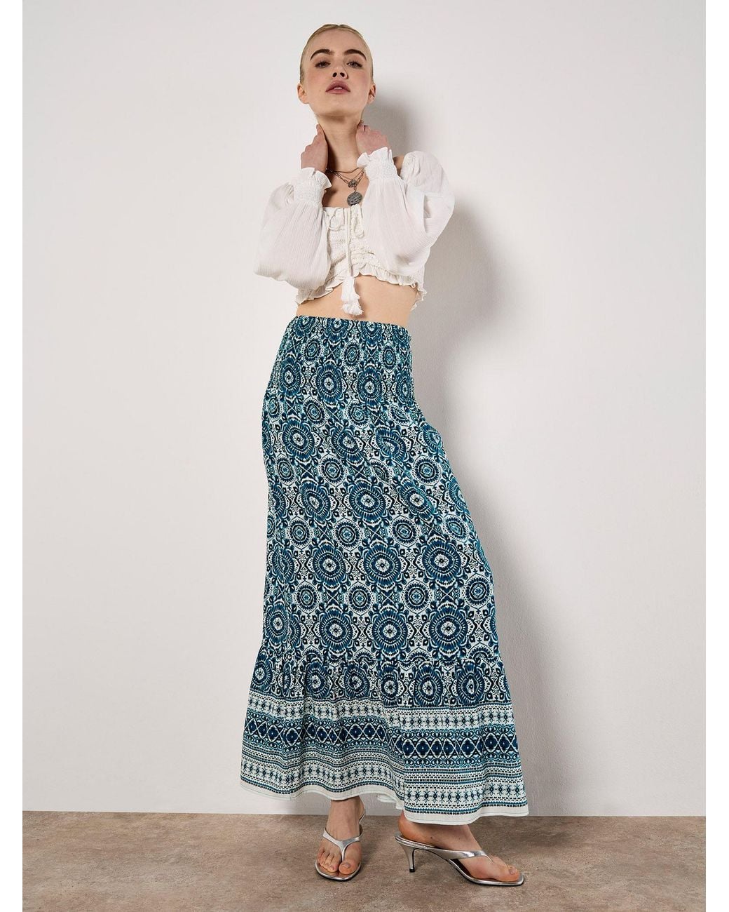 Apricot Blue Batik Print Smocked Maxi Skirt