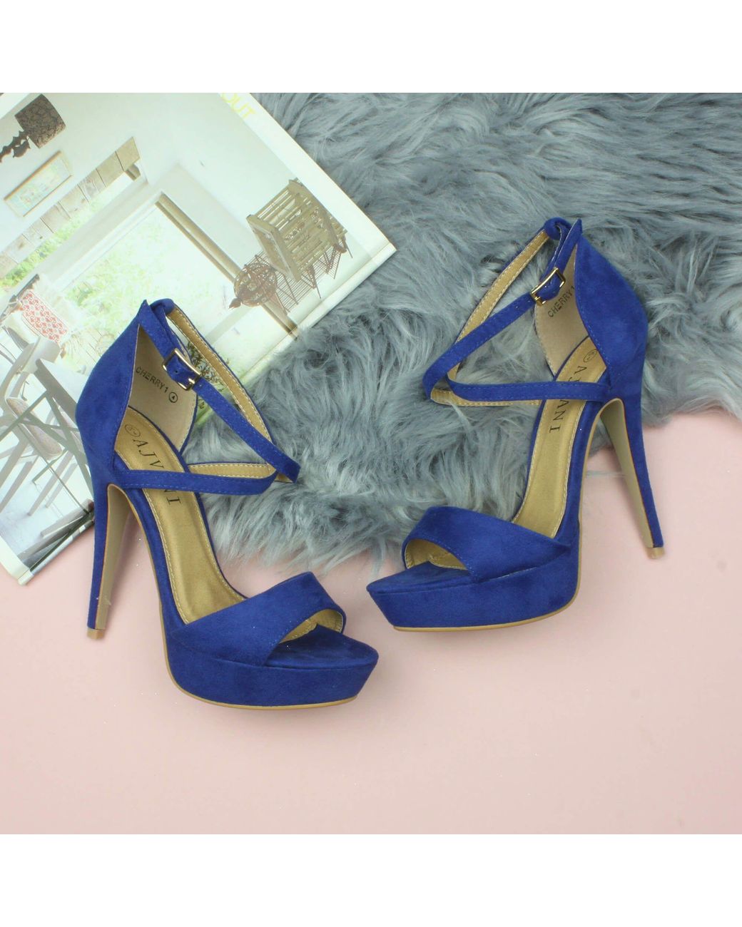 AJVANI Blue High Heel Crossed Straps Platform Sandals