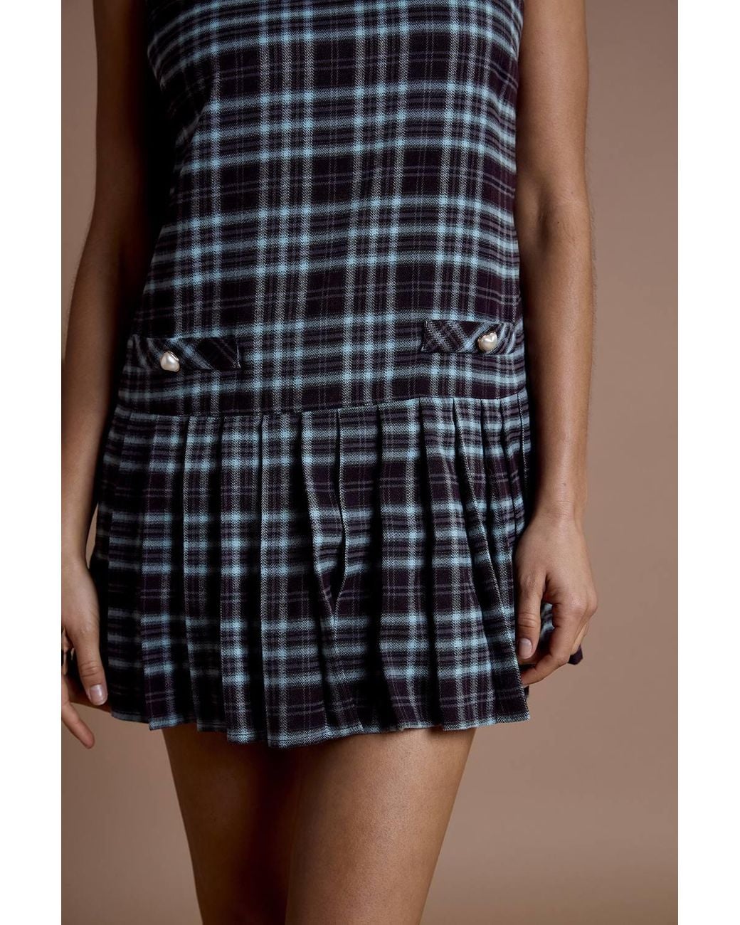 Neon Rose Blue Tartan Check Pleated Mini Pinafore Dress