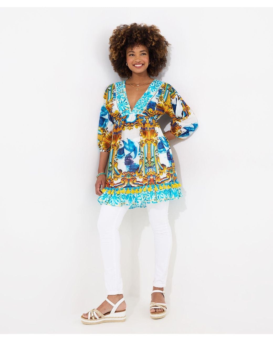 Joe Browns Blue Ship Print Pom-Pom Trim Tunic