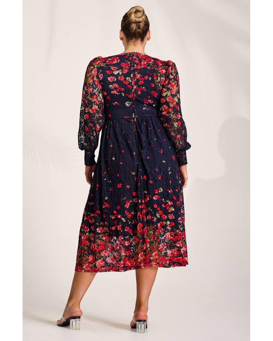 Jolie Moi Red Long Sleeve Printed Lace Maxi Dress
