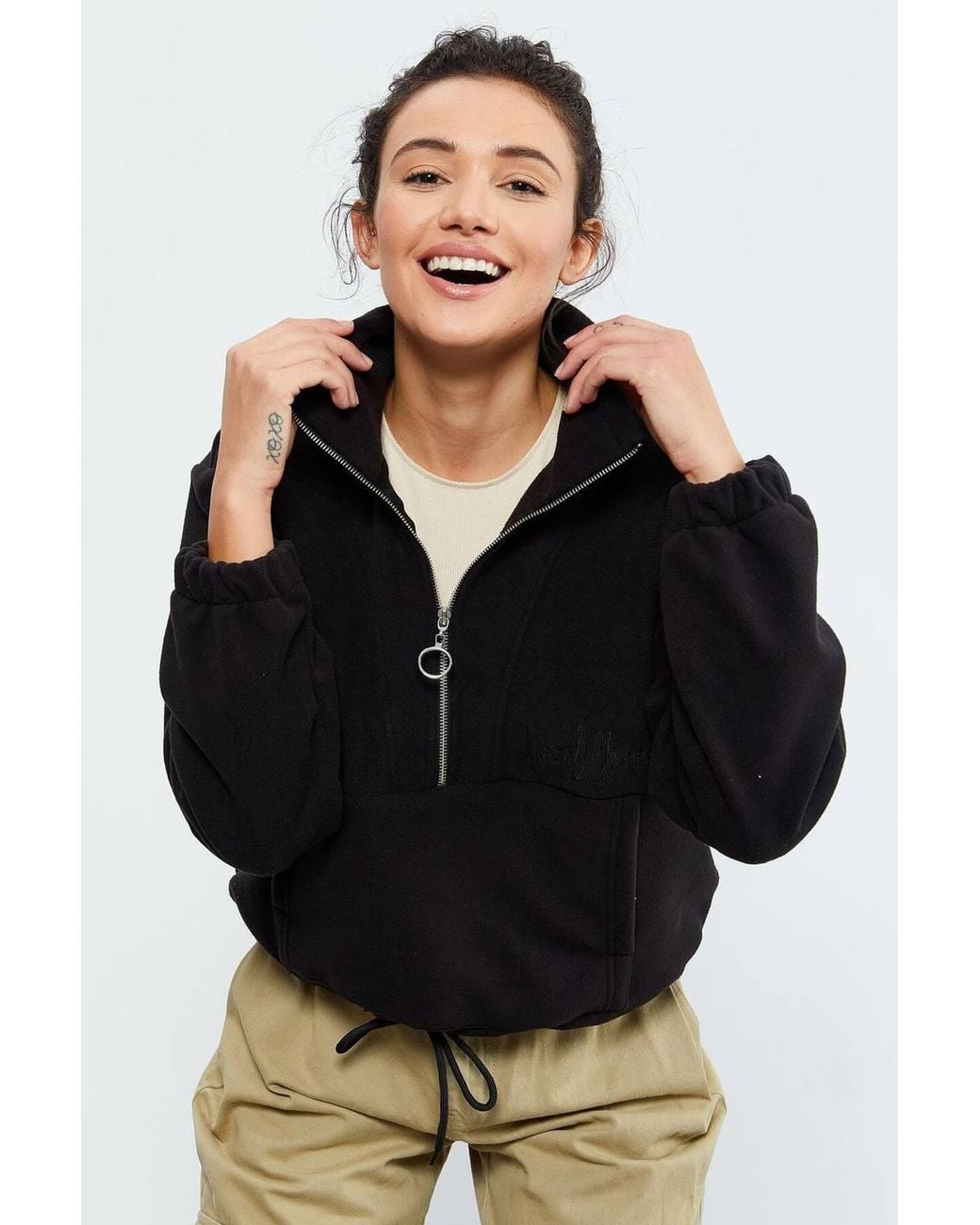 TOMMY LIFE Black Oversized Half-Zip Plush Sweatshirt