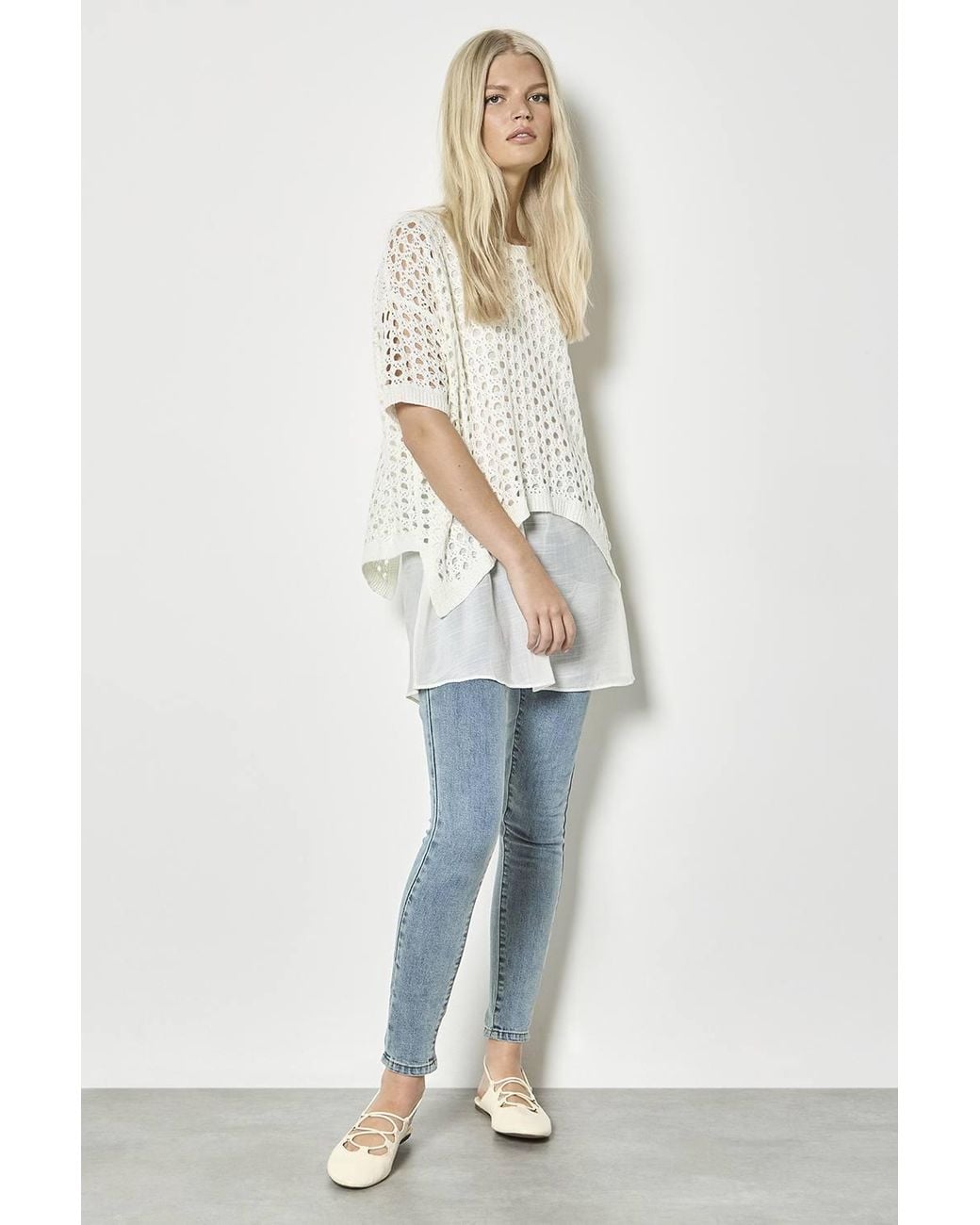 Apricot White Shimmer Mesh Layered Tunic Top