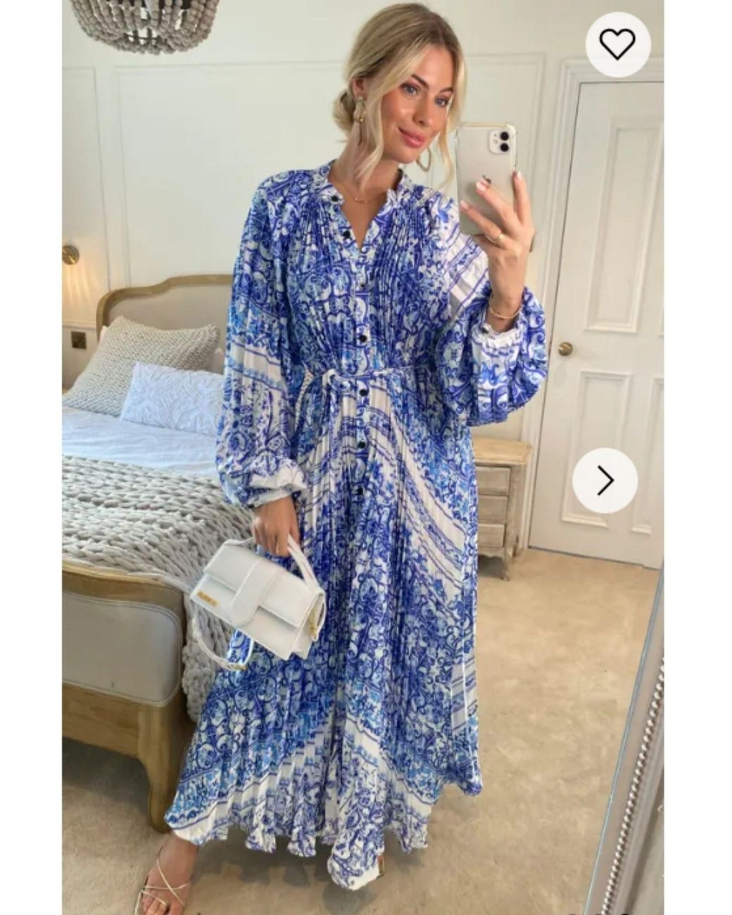 CY Blue Monochrome Scarf Print Pleated Long Shirt Dress