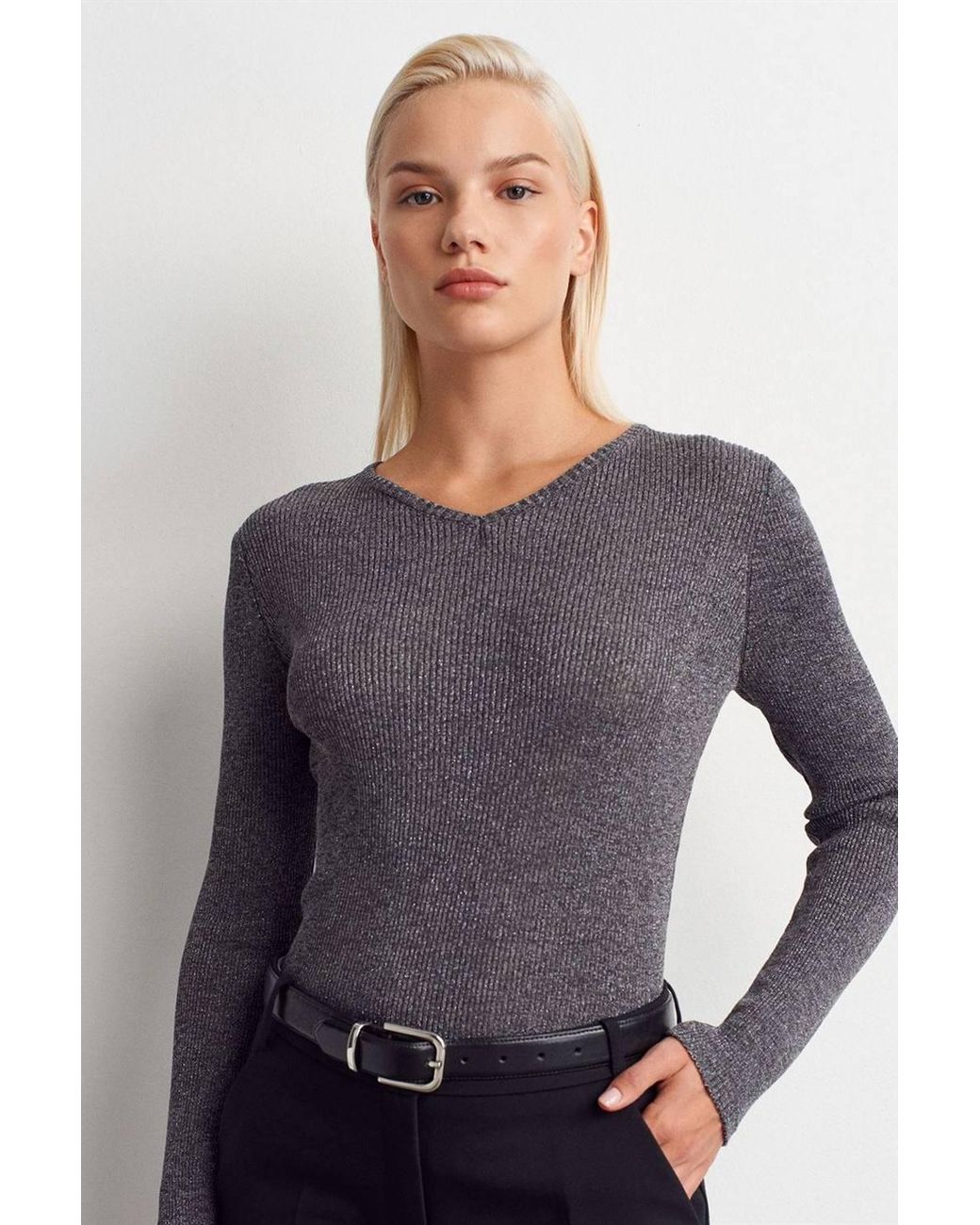 Dilvin Blue Slim Fit V-Neck Ribbed Sweater