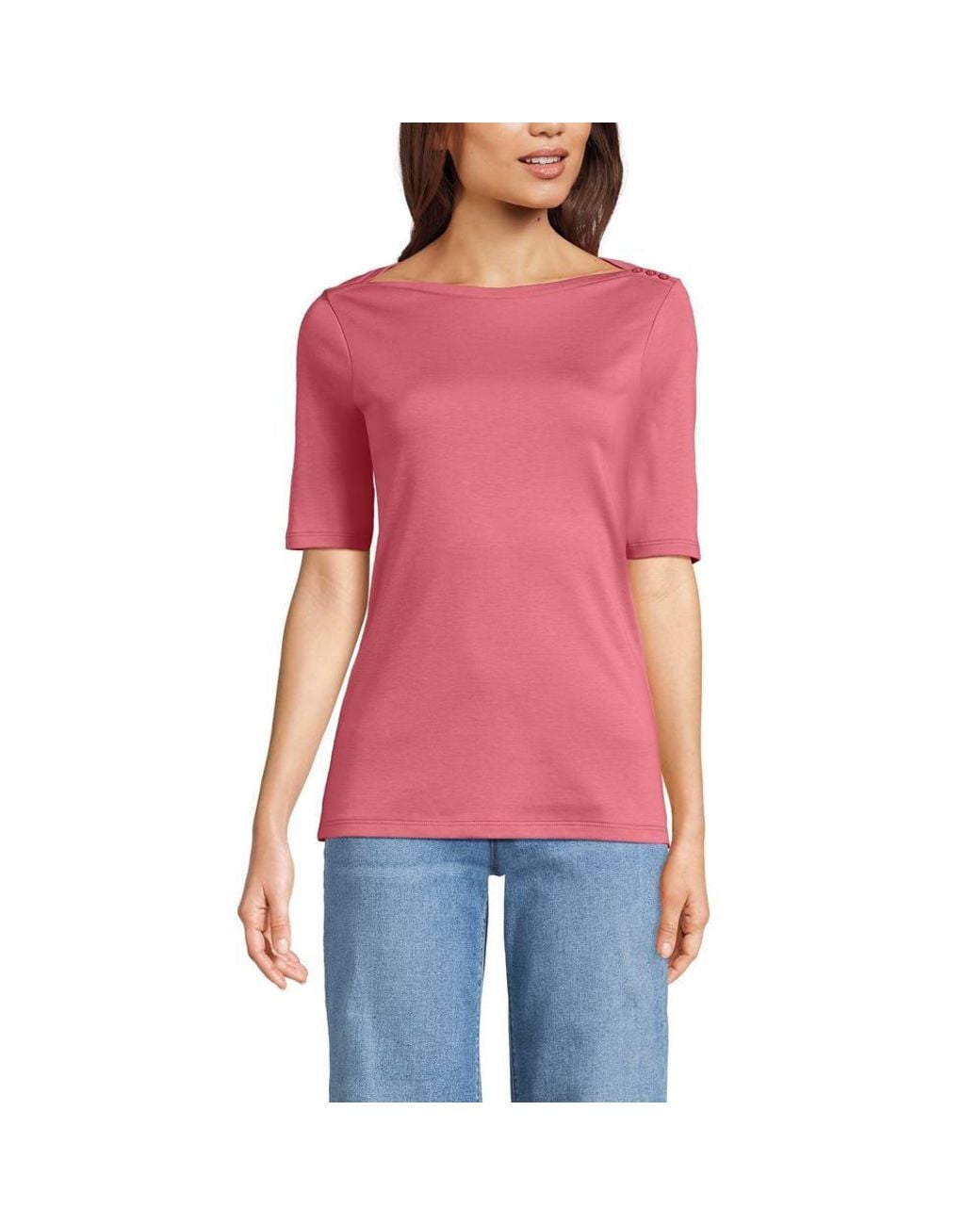 Lands' End Pink Supima Cotton Boat Neck Elbow Sleeve Top