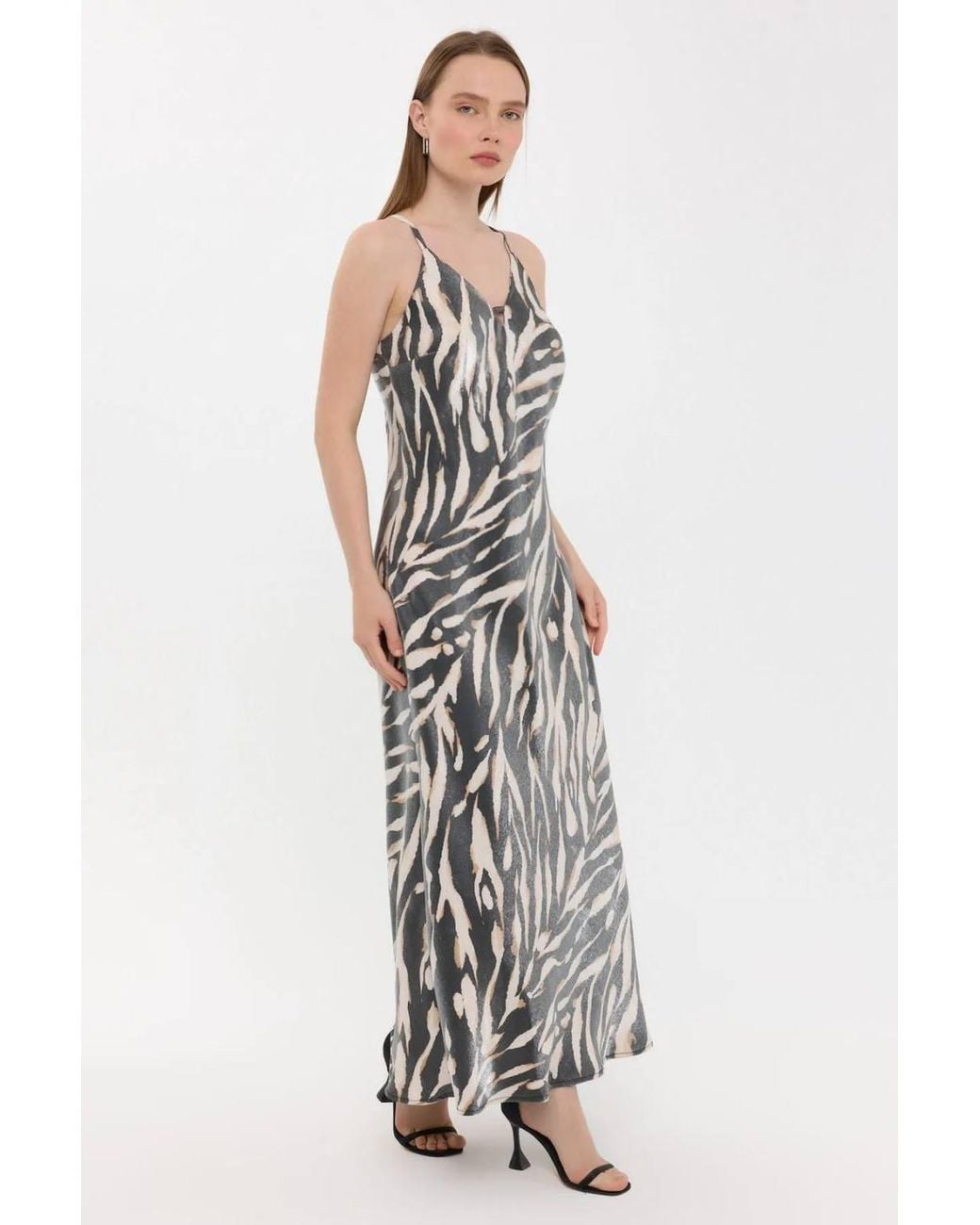 Hiccup White Abstract Print V-Neck Sleeveless Maxi Dress
