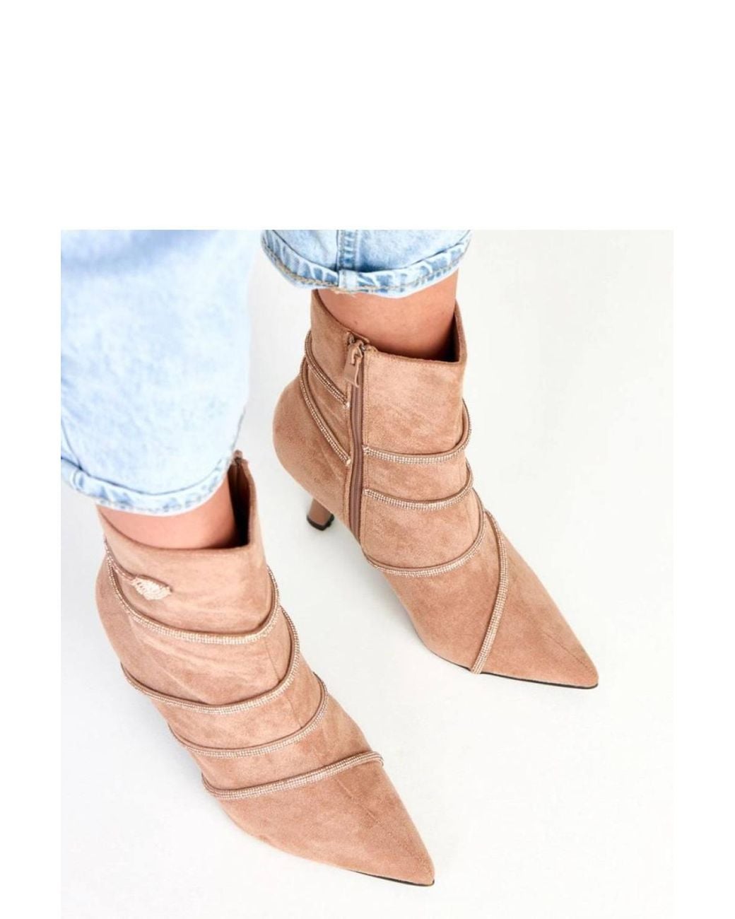 Love Lace Blue Elegant Suede Ankle Boots With Zircon Strap Shine Stiletto Heel