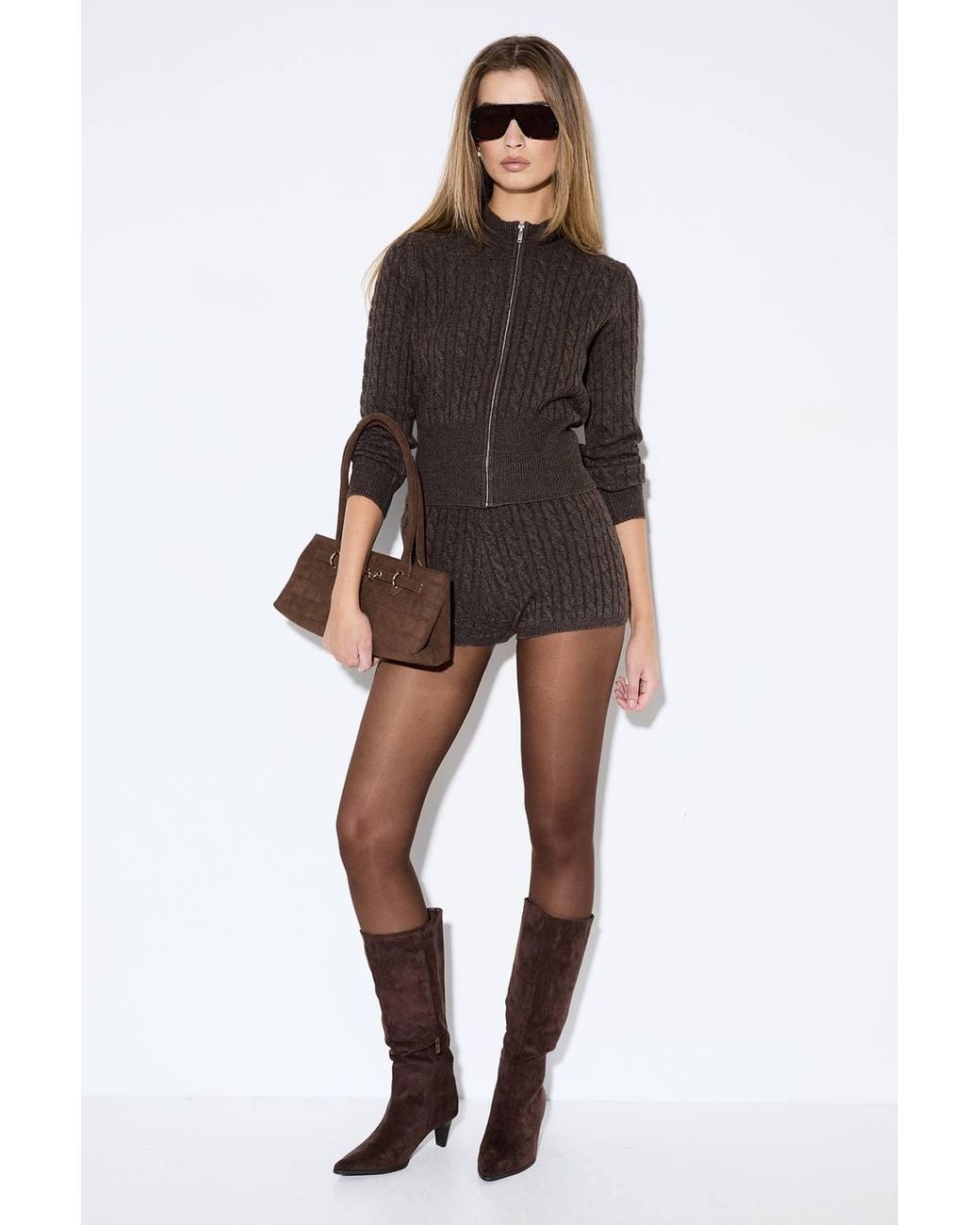 MissPap Brown Fitted Cable Detail Knitted Short