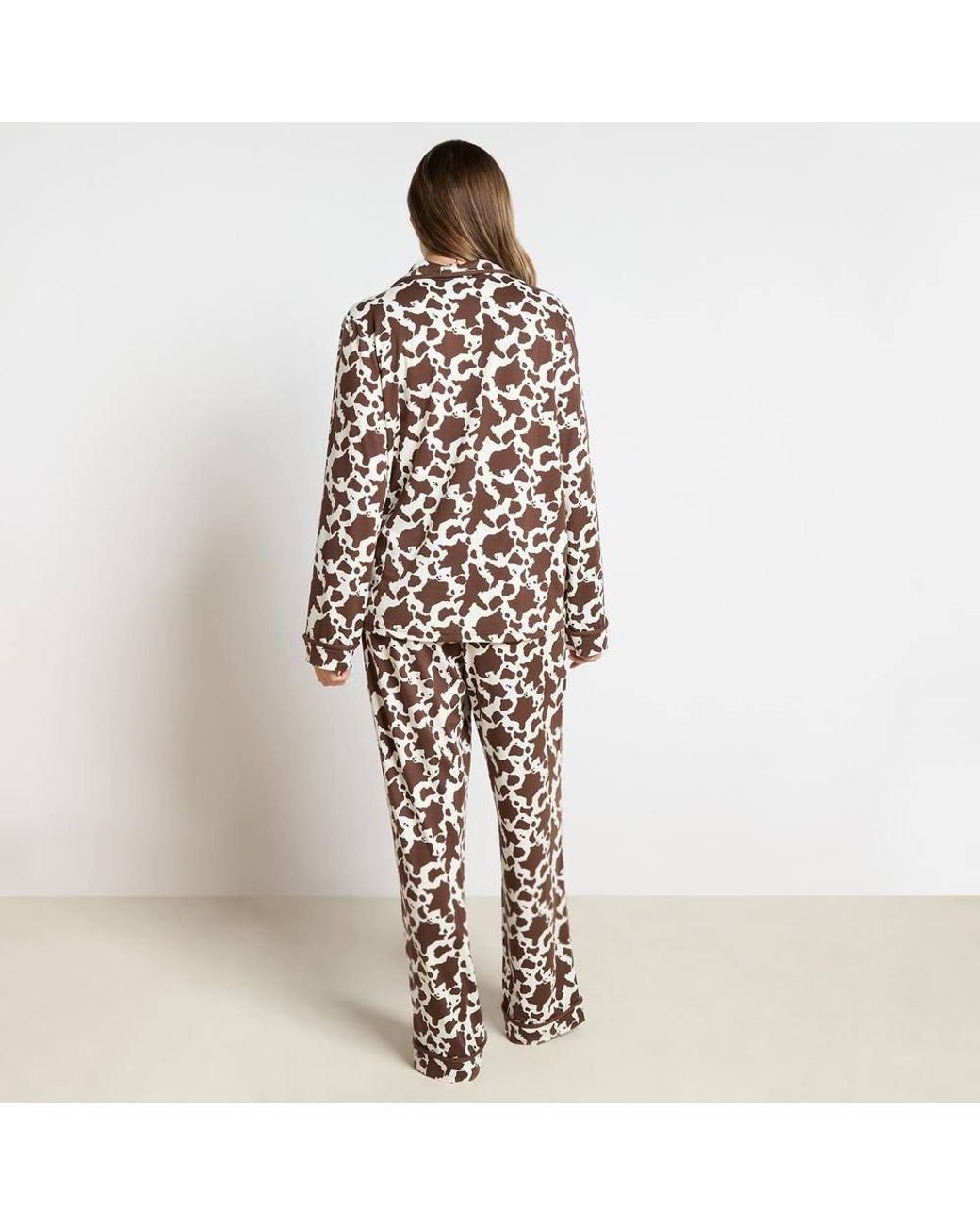 OHS Brown Animal Print Piped Jersey Button Through Pyjama Set Nightwear
