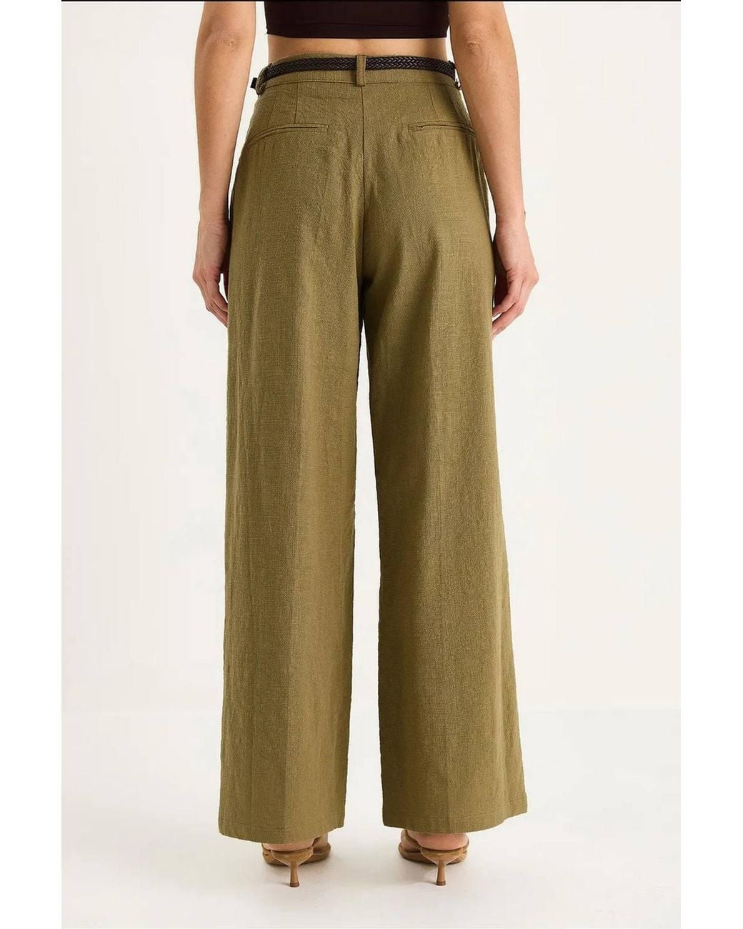 Bianco Lucci Green Textured Palazzo Pants With Pockets