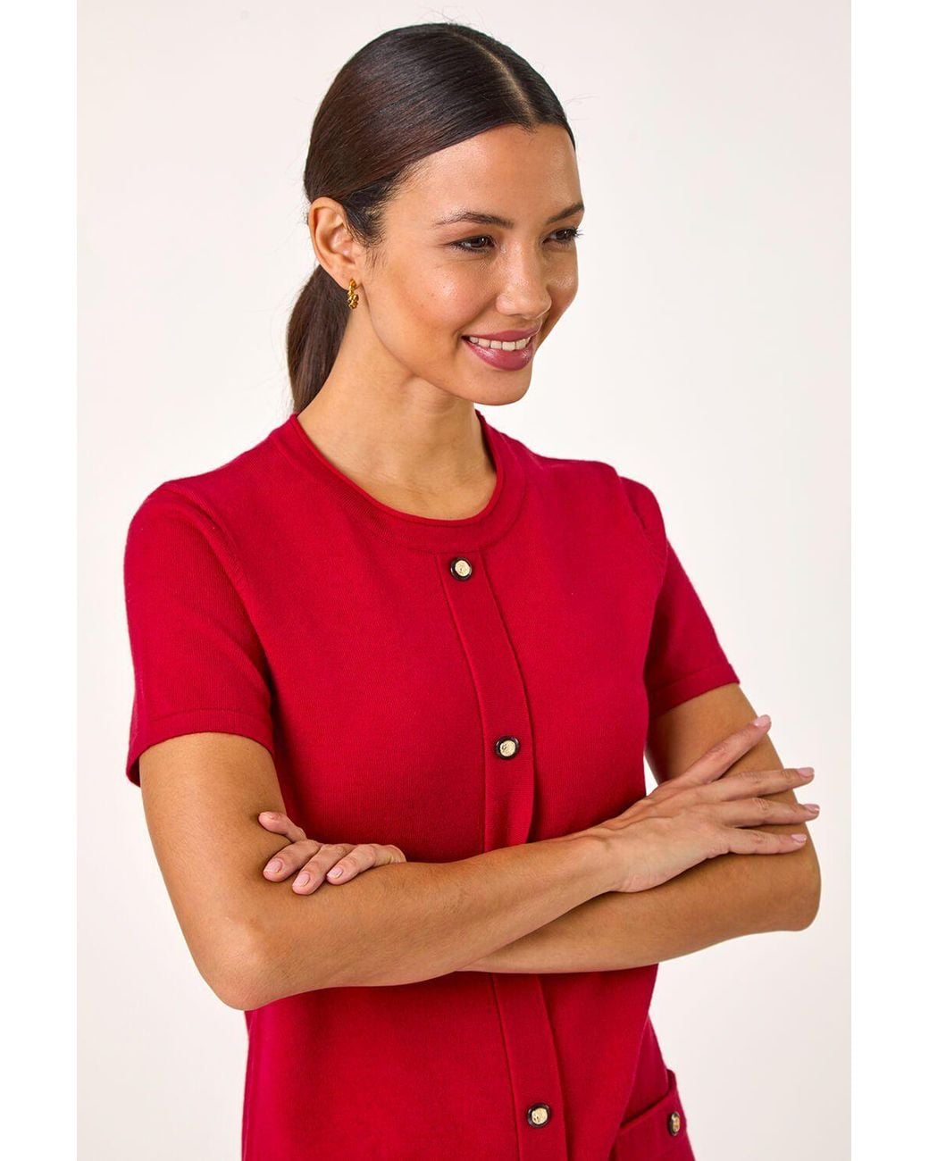 Roman Red Knitted Button Detail A-Line Dress