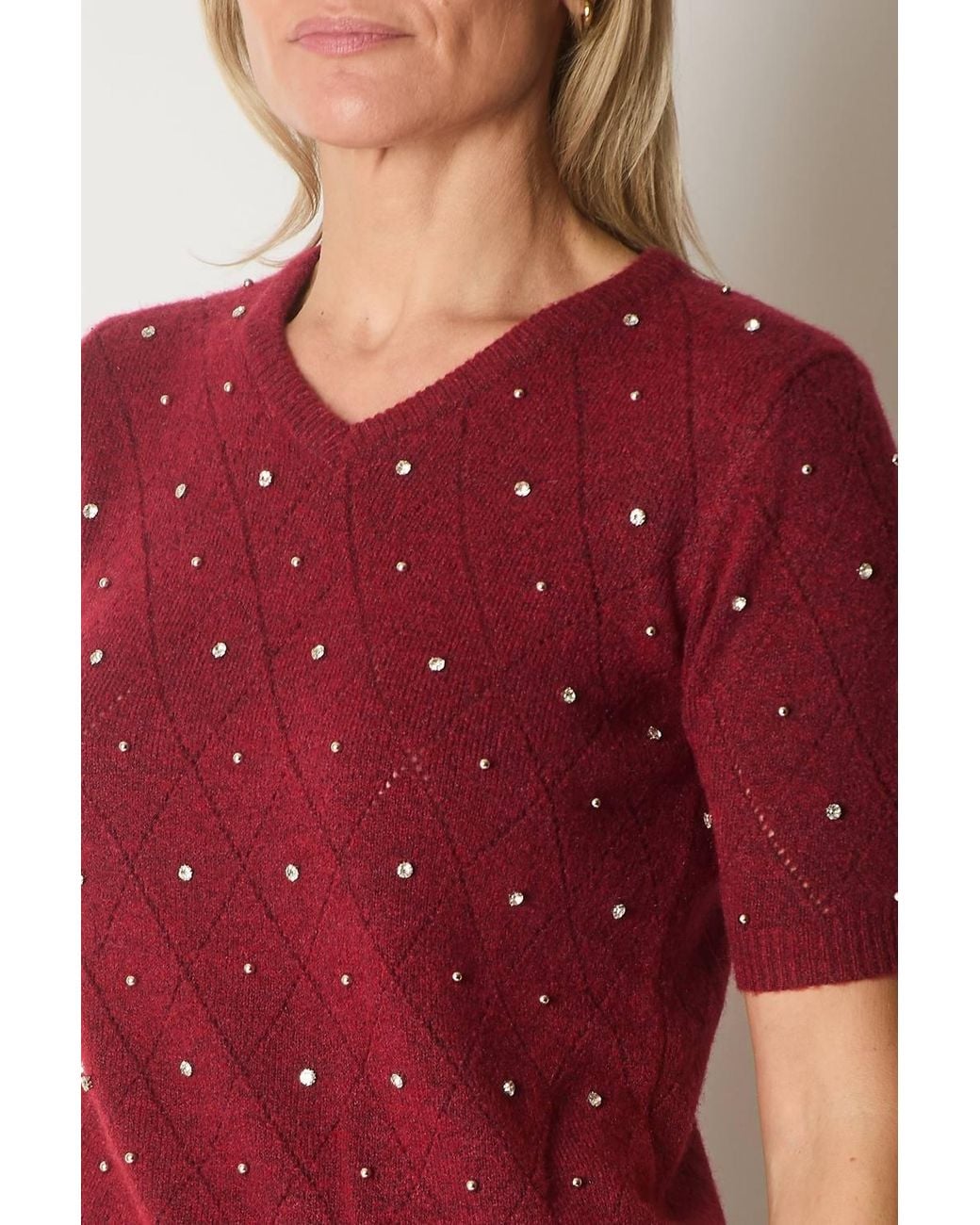 Solo Red Embellished Knit V-Neck Jumper