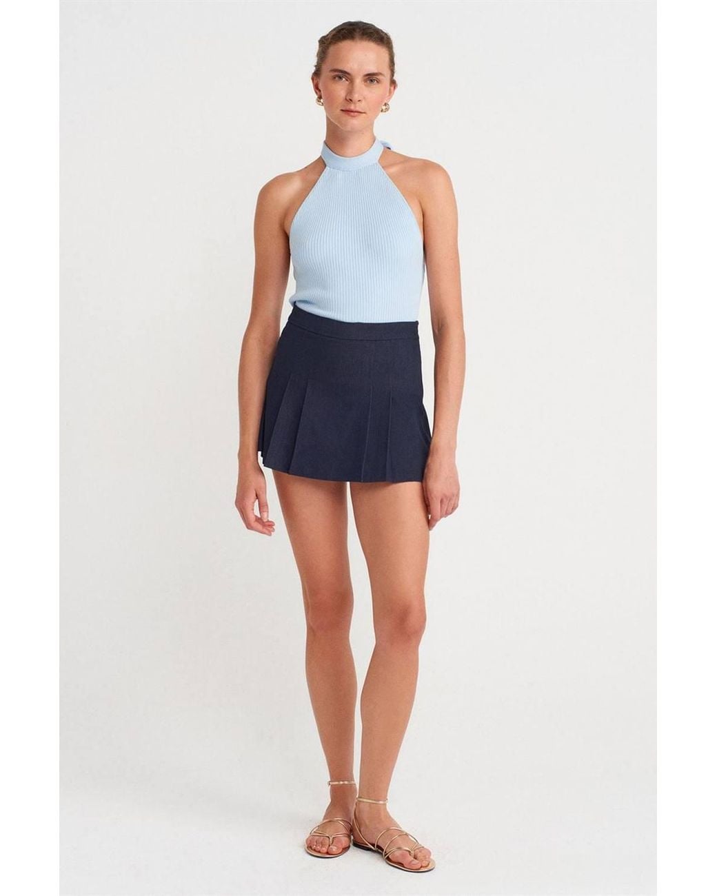 Dilvin Blue Ribbed Halterneck Slim-Fit Blouse