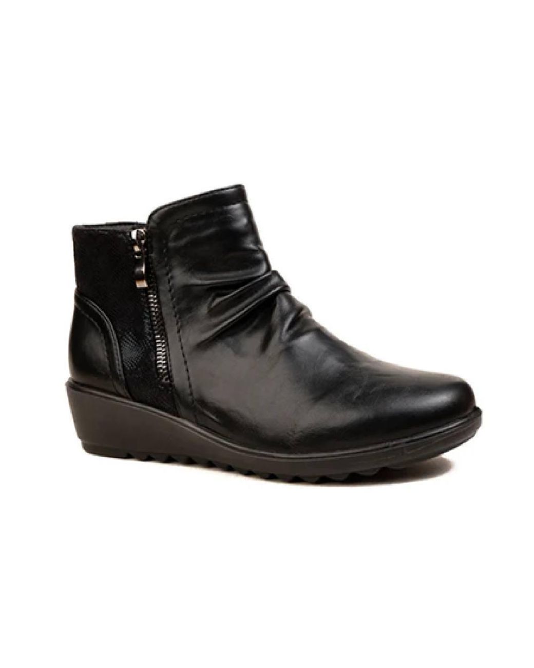 LARANGE Black Faux Leather Wedge Ankle Boots With Side Zip