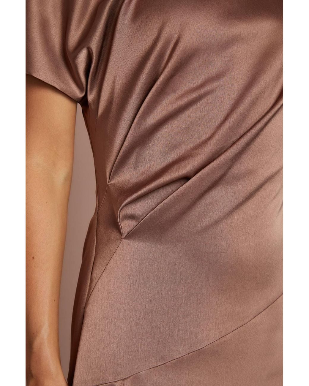 Coast Brown Off The Shoulder Asymmetric Hem Satin Midi Dress