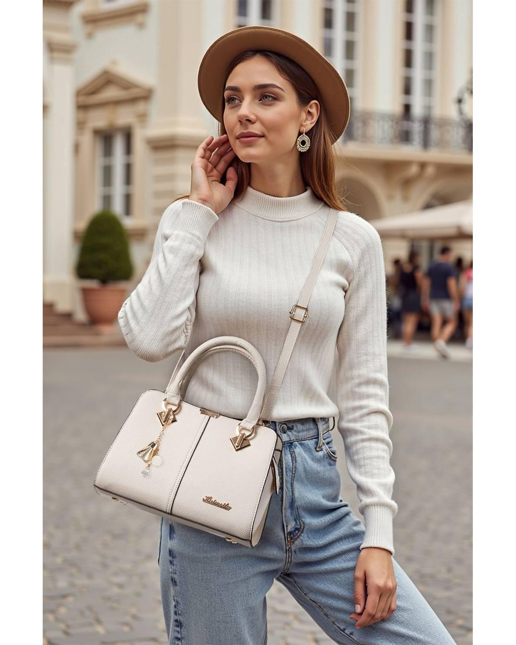 MODISHION White Elegant Lychee Grain Top Handbag With Cute Pendants
